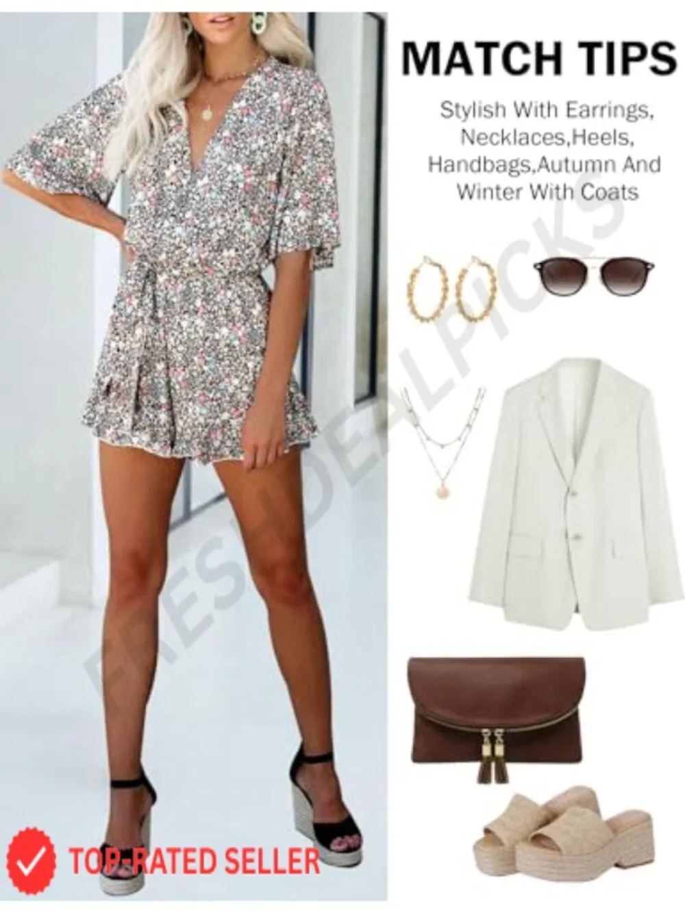Floral Print V Neck Flared Half Sleeve Elastic Tie Waist Ruffle Casual Romper